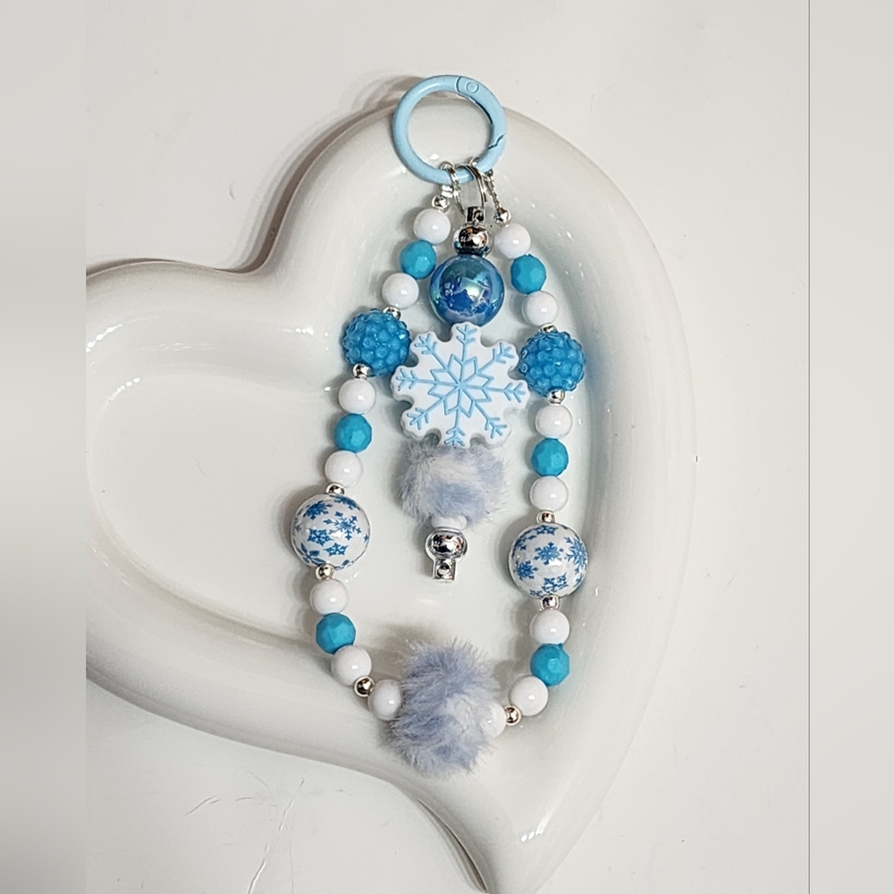 Snowflake Beaded Keychain Phone Chain with Blue and White Accents Winter
